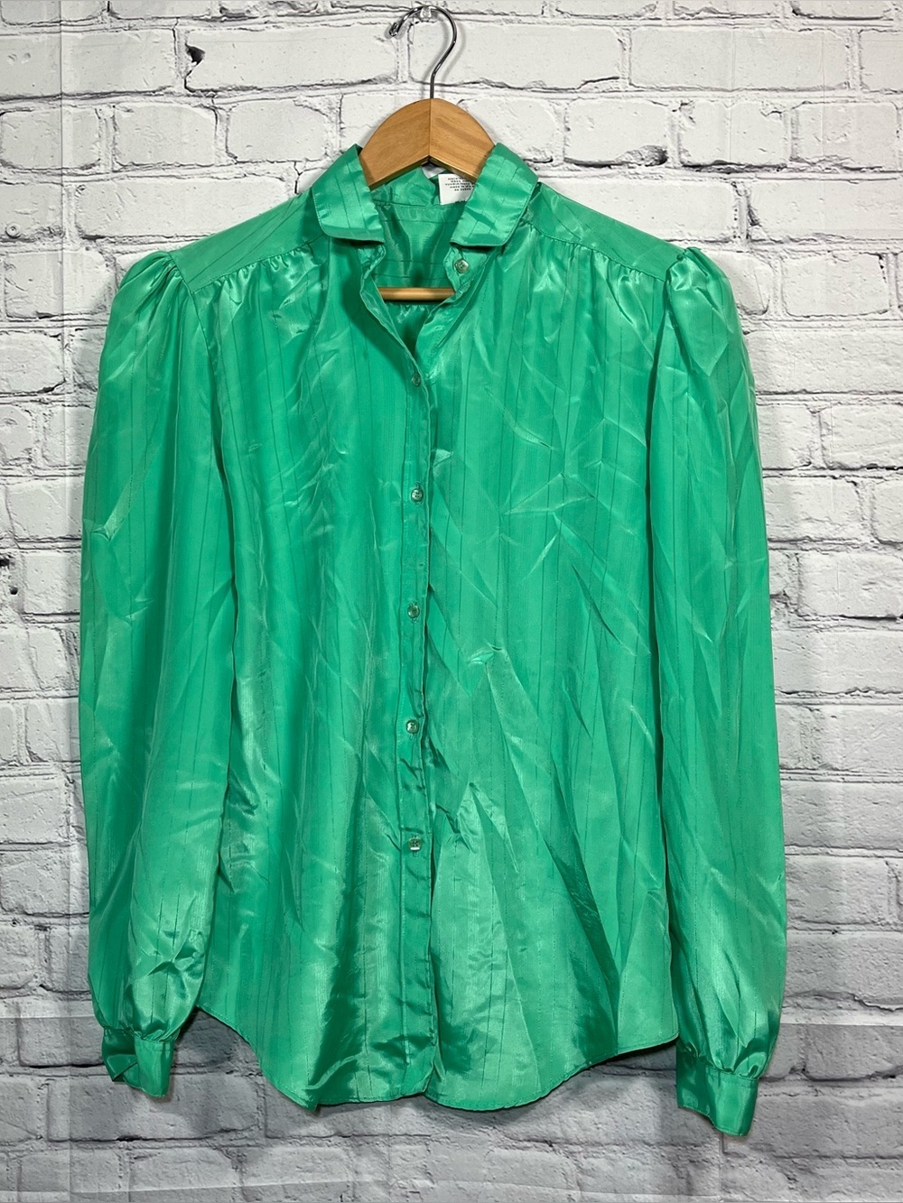 Vintage The Odyssey Satin Button Up Shirt Womens Size 11/12 Green Striped